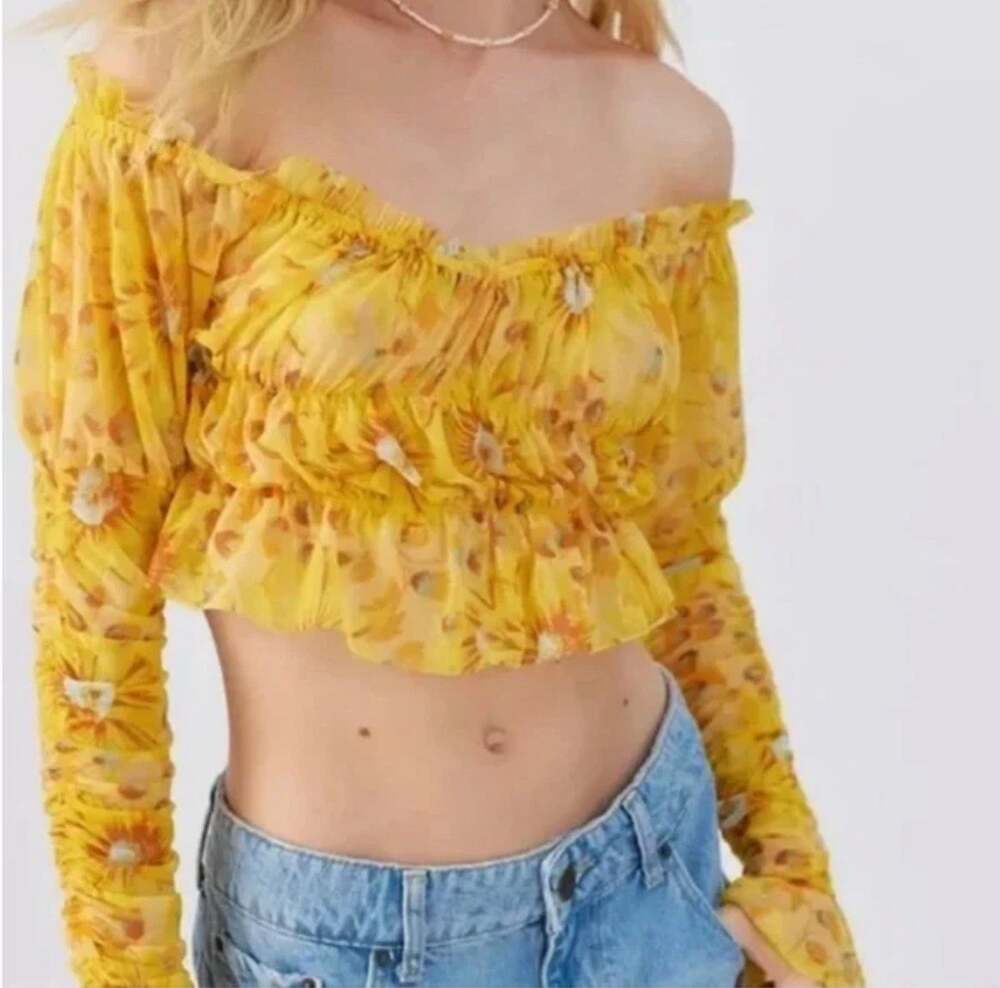 NEW Urban Outfitters Yellow Floral Long Puff Sleeves Crop Mesh Top Women Size S